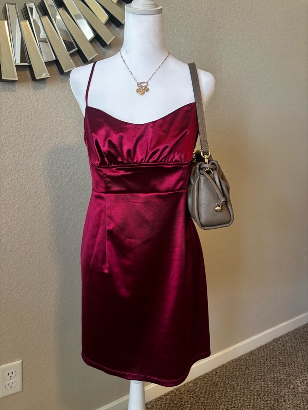 Elodie Wine Satin Spaghetti-Strap Mini Dress